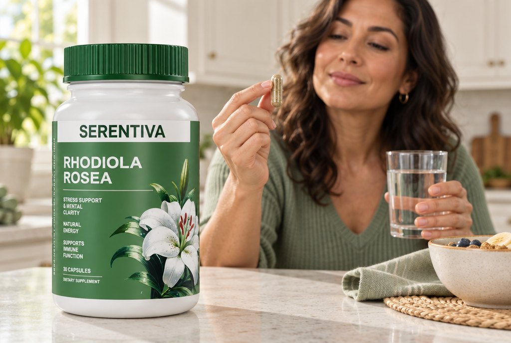 Mujer latina de unos 45 años en su cocina por la mañana tomando una cápsula de Serentiva con un vaso de agua, el frasco sobre la barra