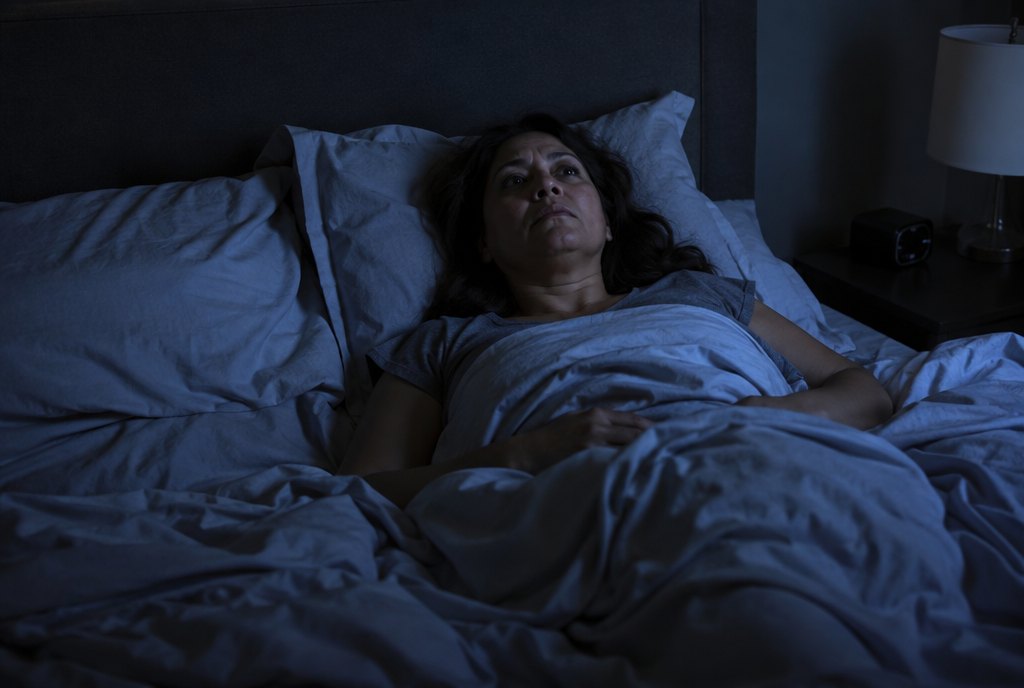 Mujer latina de unos 48 años despierta en la cama de madrugada, mirando al techo con cara de cansancio