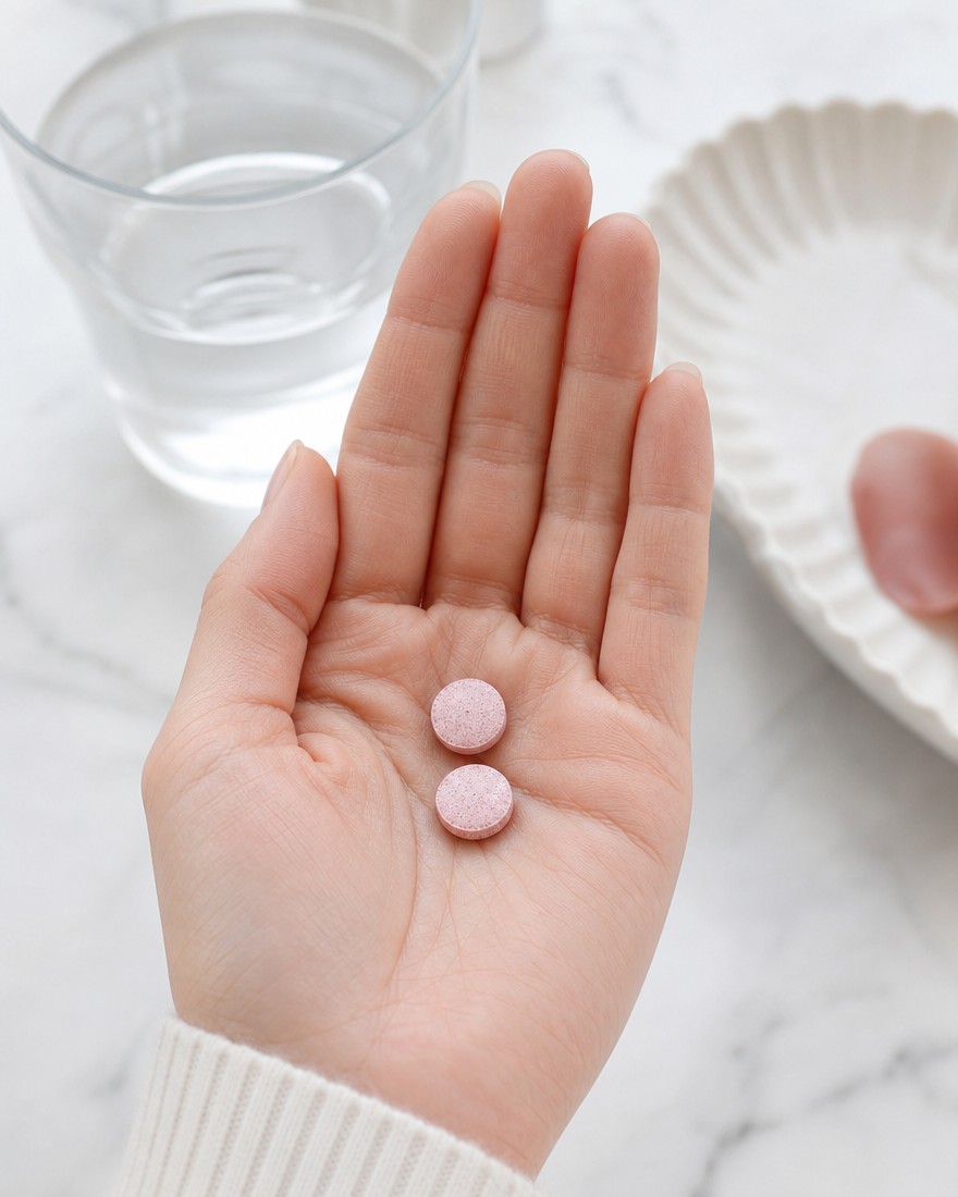 Two Sumeva chewable tablets in an open palm