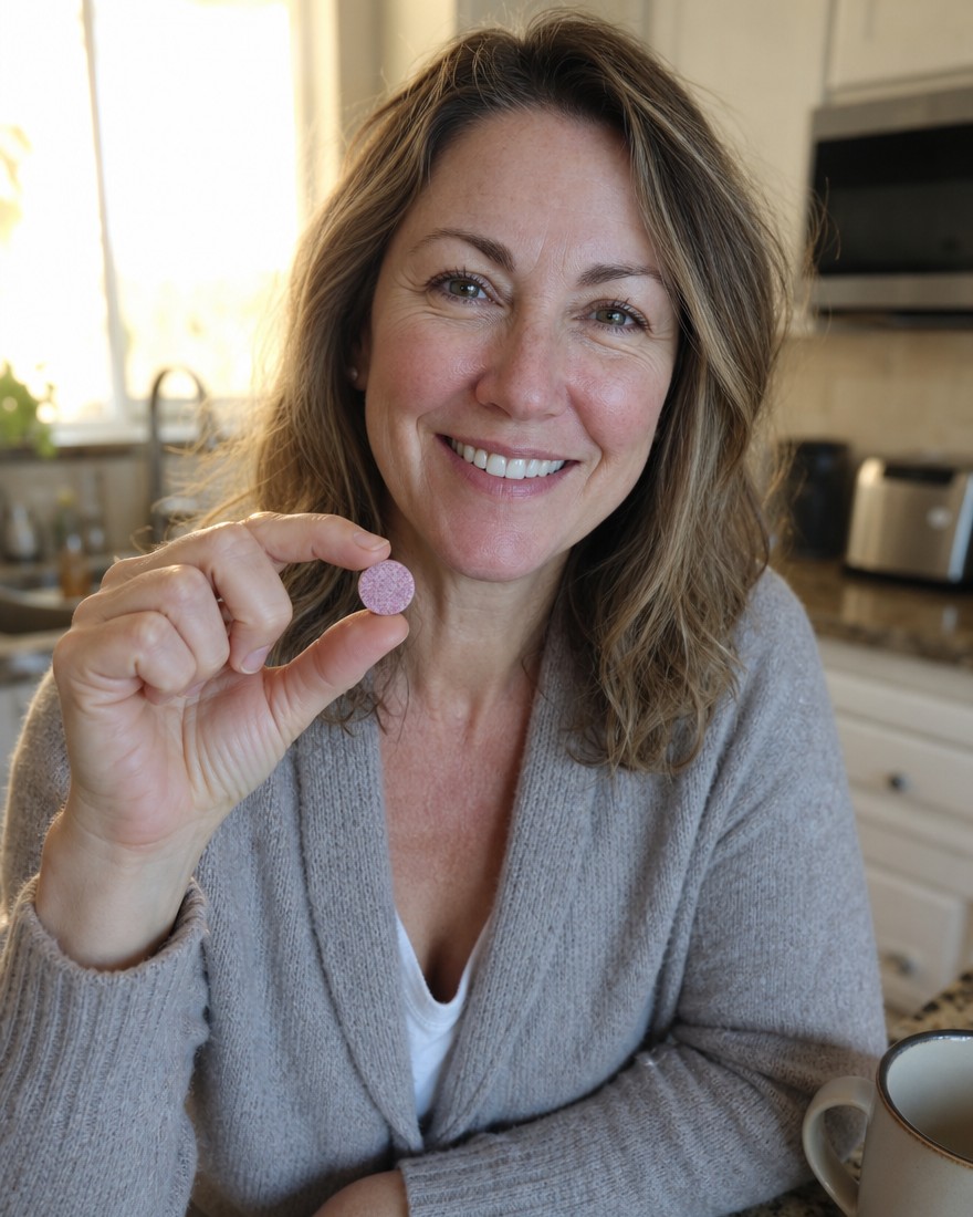 Woman taking her morning Sumeva chewable
