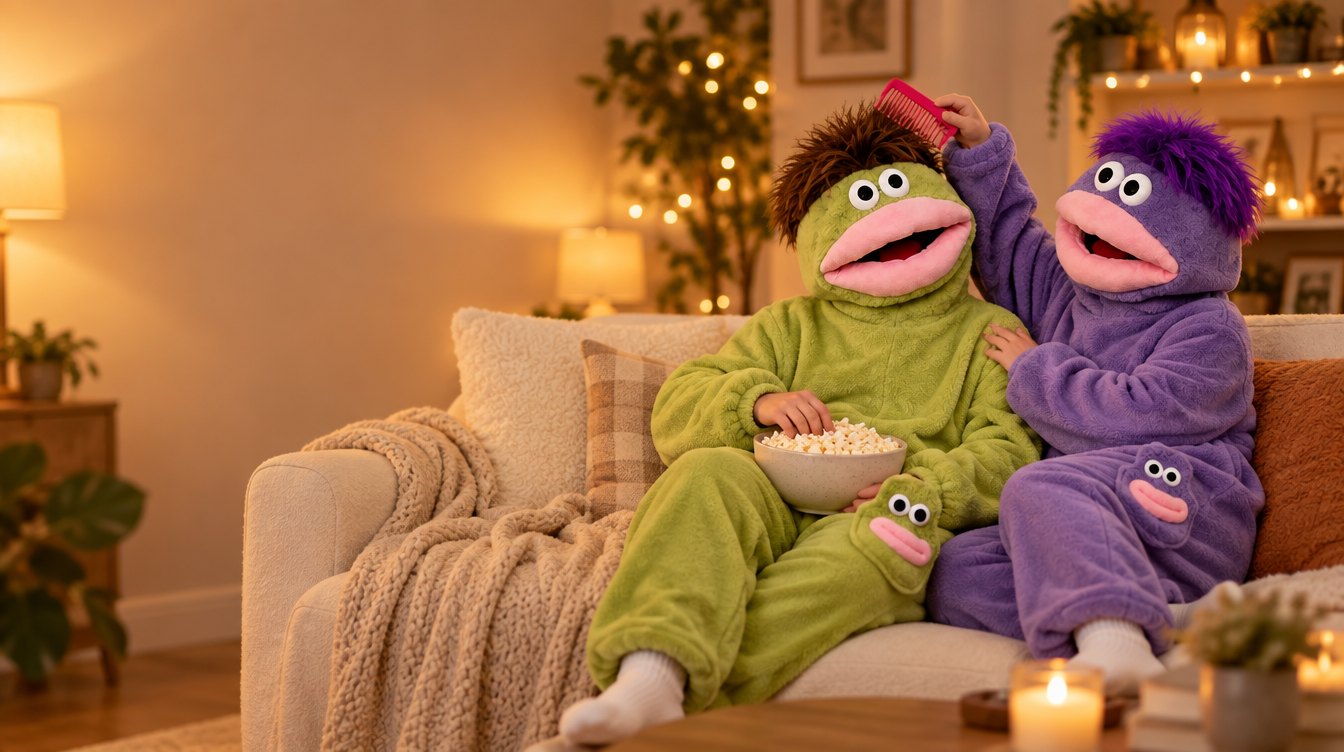 Two friends in green and purple SnugBeast onesies on a sofa, one combing the other's hair