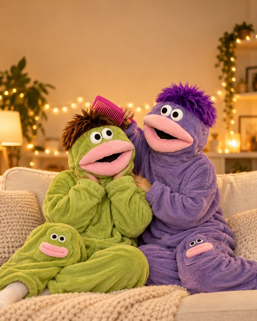 Two people in green and purple SnugBeast onesies on a sofa, one combing the other's hair