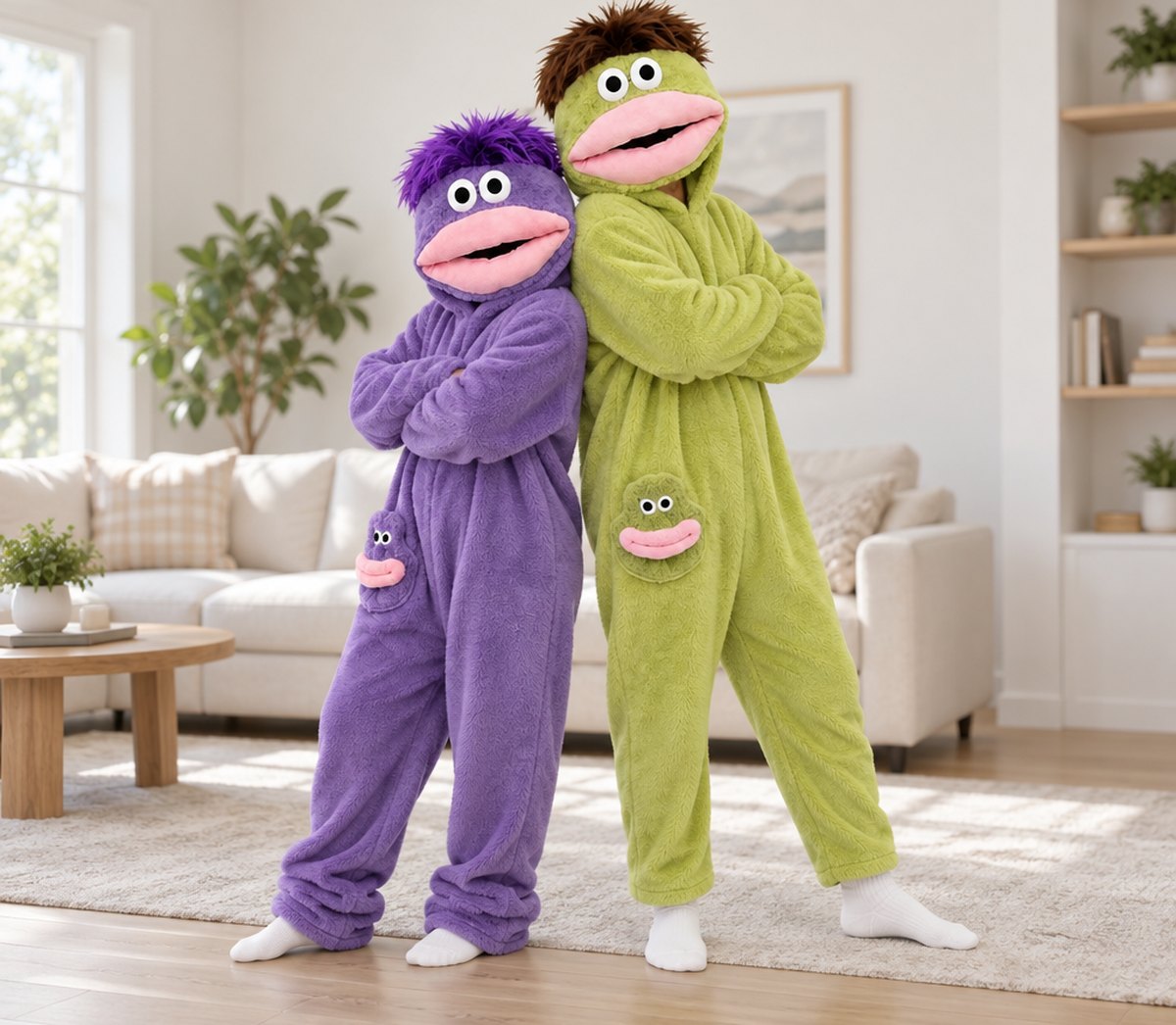 Two friends posing back to back in purple and green SnugBeast onesies