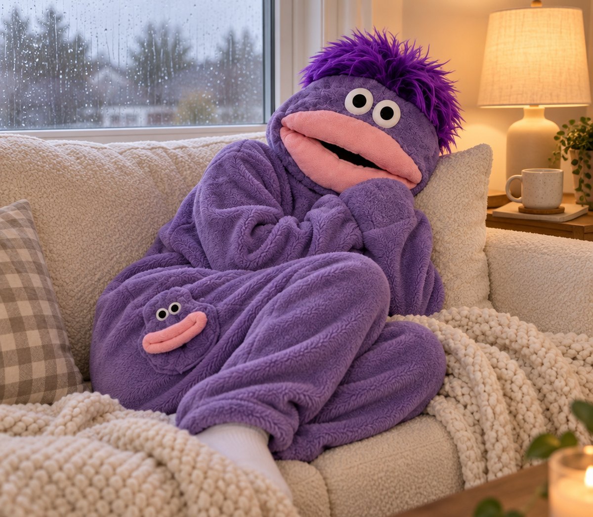A person in a purple SnugBeast onesie curled up on a sofa by a rainy window