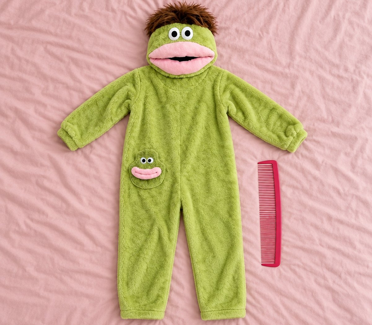 Green SnugBeast onesie laid flat with its comb