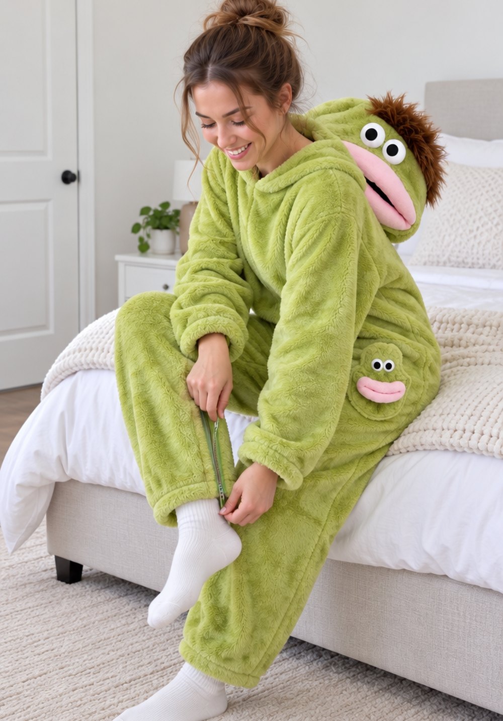 Zipping up a SnugBeast onesie at the leg