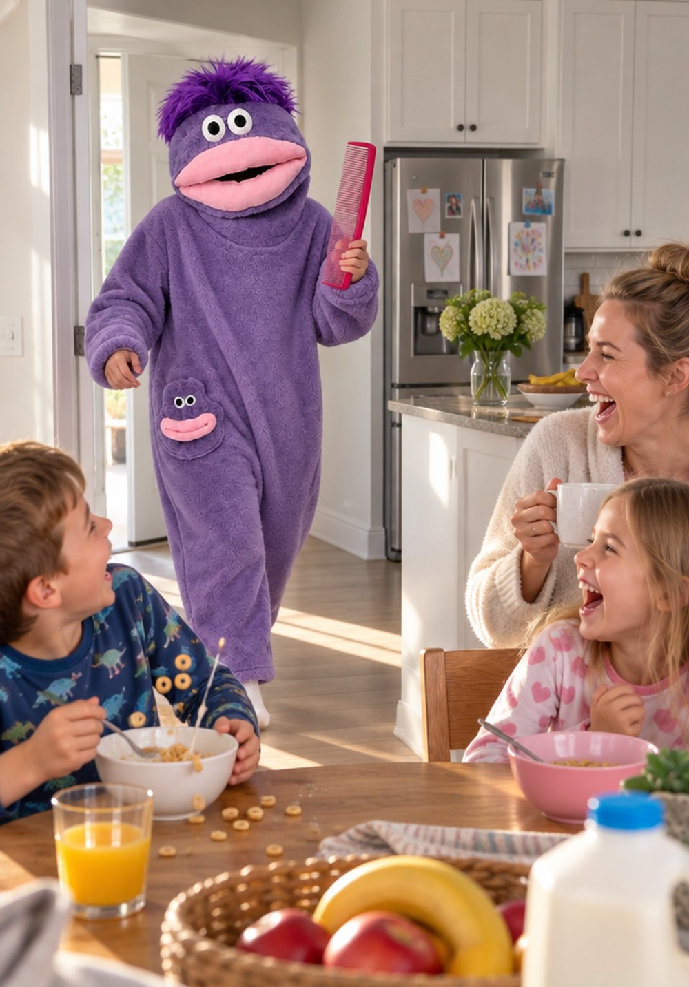 Children and a parent laughing at the breakfast table as a person in a purple SnugBeast onesie walks in