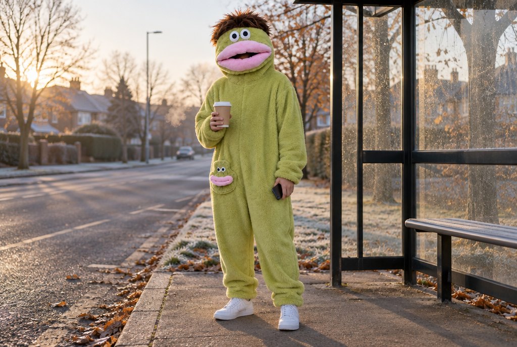 A person in a green SnugBeast onesie with the hood up waiting at a bus stop on a frosty morning