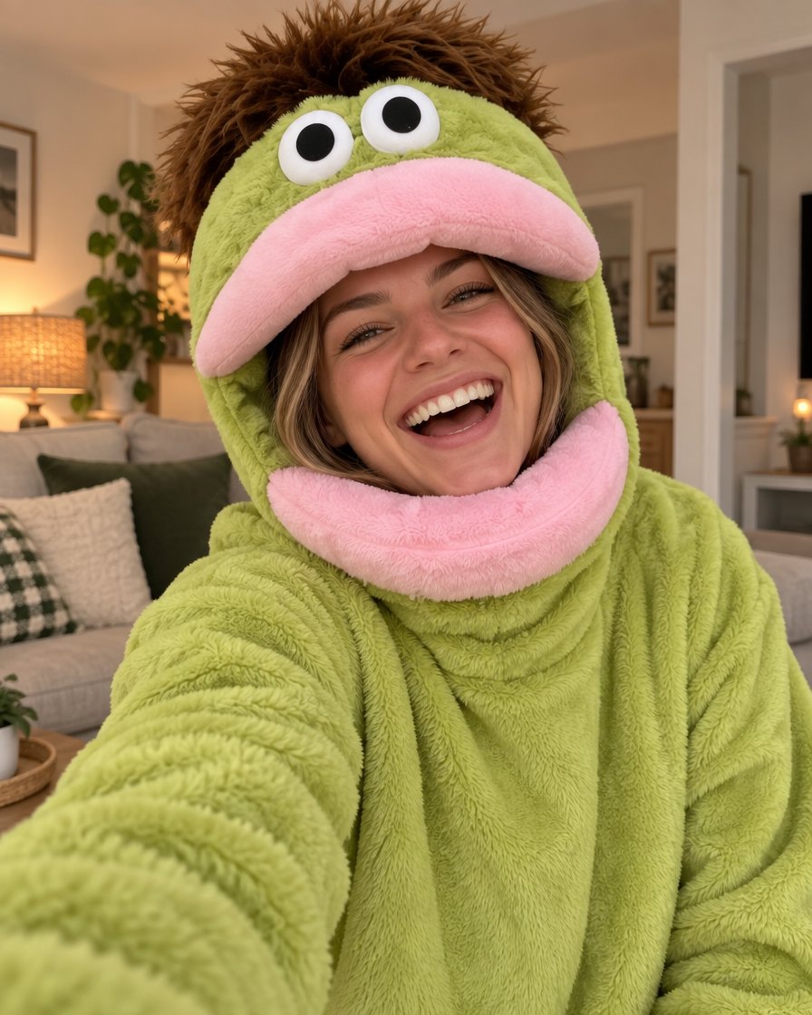 A laughing woman in a green SnugBeast onesie with the hood pushed back so her face shows inside the big lips