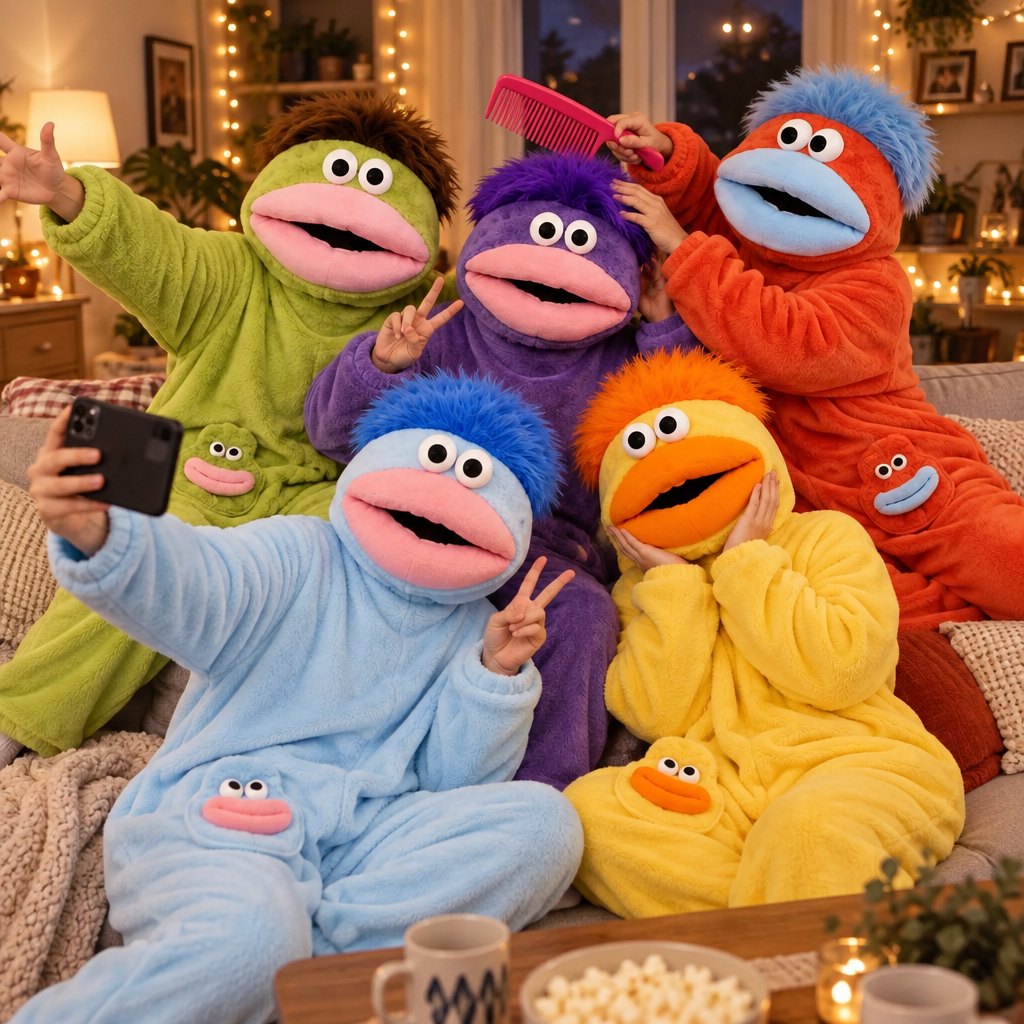 A group in SnugBeast onesies in all five colors piled together on a sofa taking a selfie