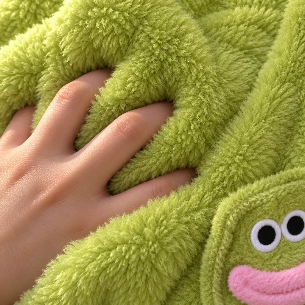 A hand pressing into the fluffy green sugar fleece of the onesie