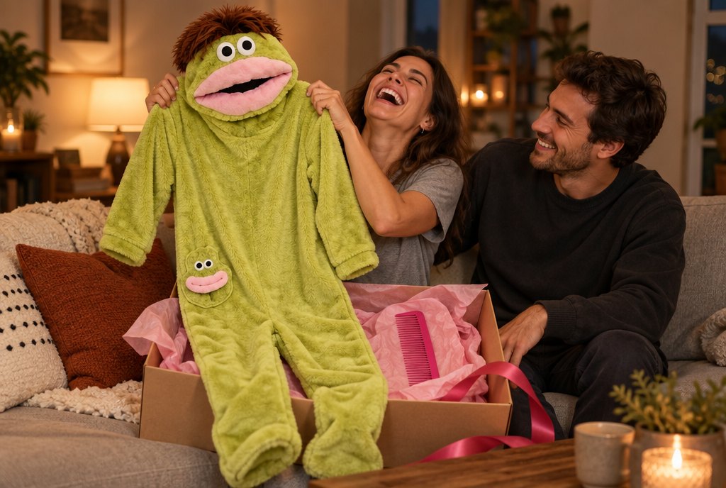 A woman laughing as she lifts a green SnugBeast onesie out of a gift box while her partner grins