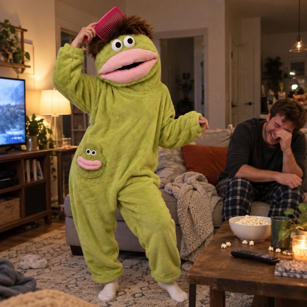 A person in a green SnugBeast monster onesie combing its shaggy hair while their partner laughs on the sofa