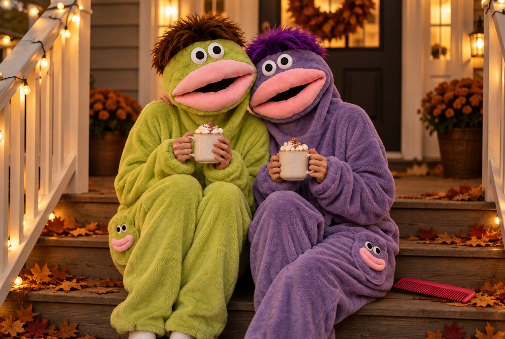 Two friends in green and purple SnugBeast onesies laughing on porch steps at dusk with mugs of hot chocolate