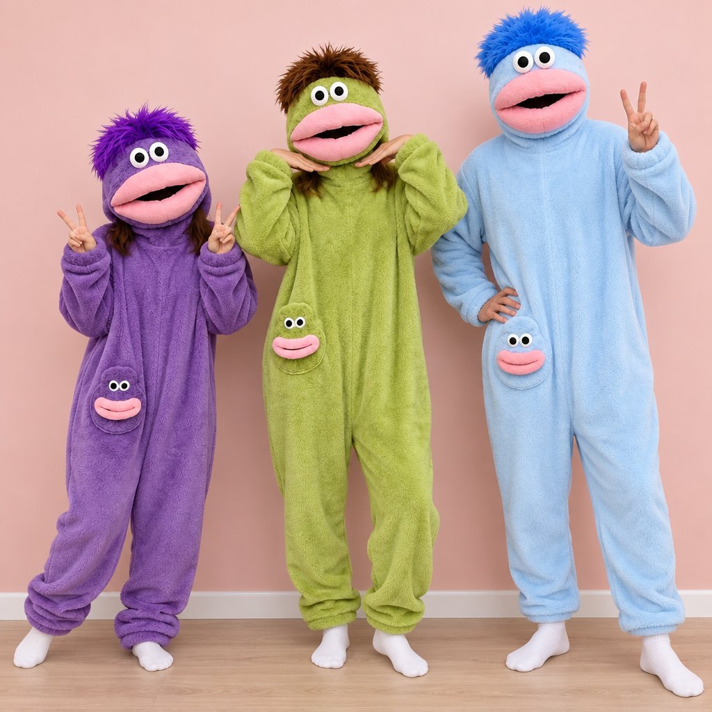 Three people of different heights in purple, green and blue SnugBeast onesies