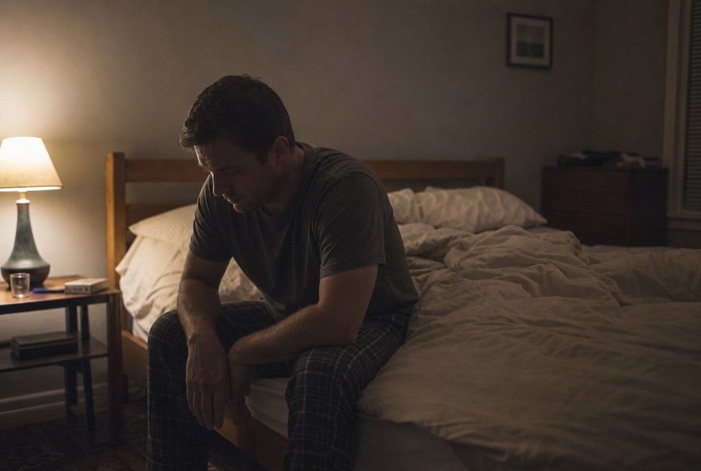A man sitting on the edge of his bed at night, elbows on his knees