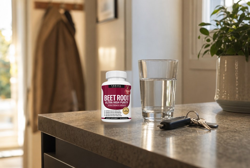 A bottle of Torvel Beet Root and a glass of water on a kitchen counter in morning light