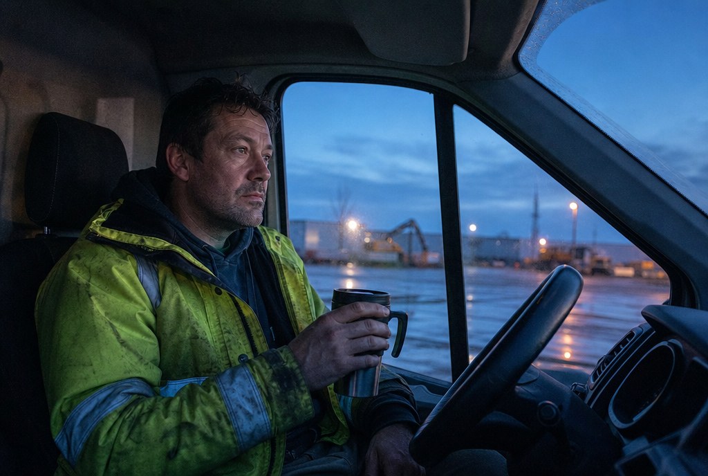 A man in work clothes in the cab of a parked van at dawn with a travel mug