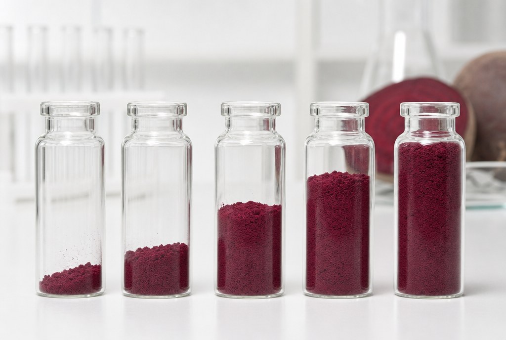 Beet root powder measured into vials at visibly different fill levels