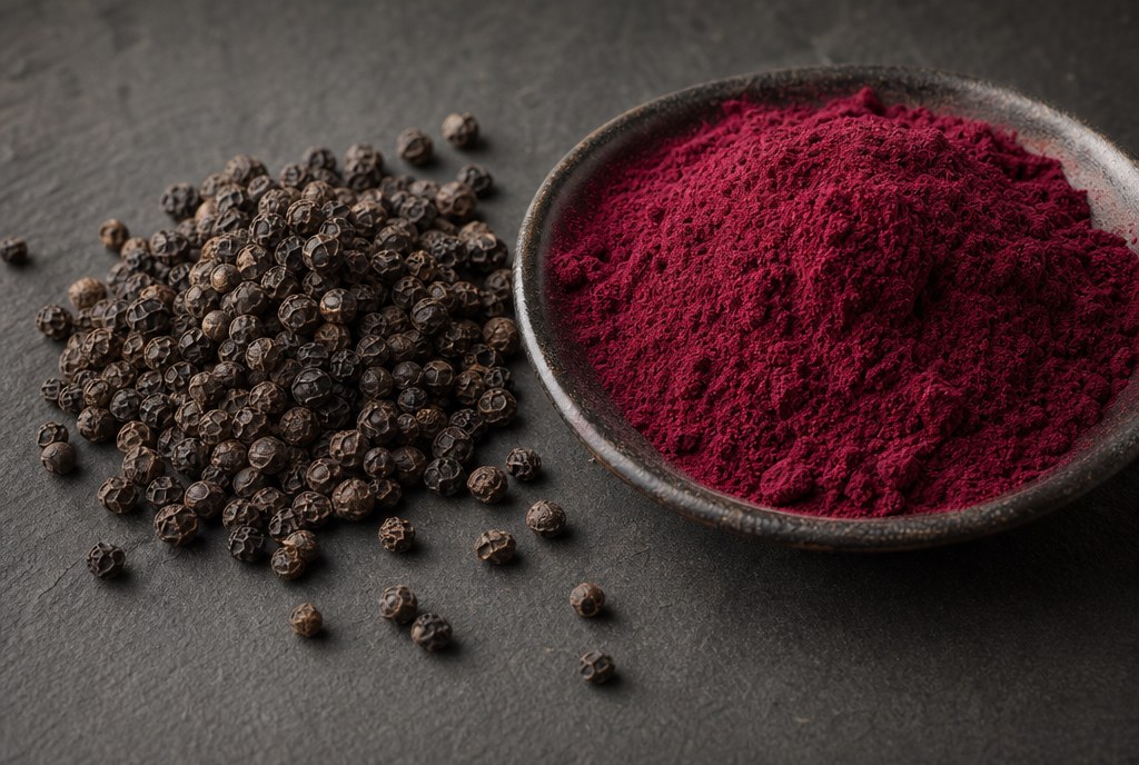 Black peppercorns beside a bowl of deep red beet root powder