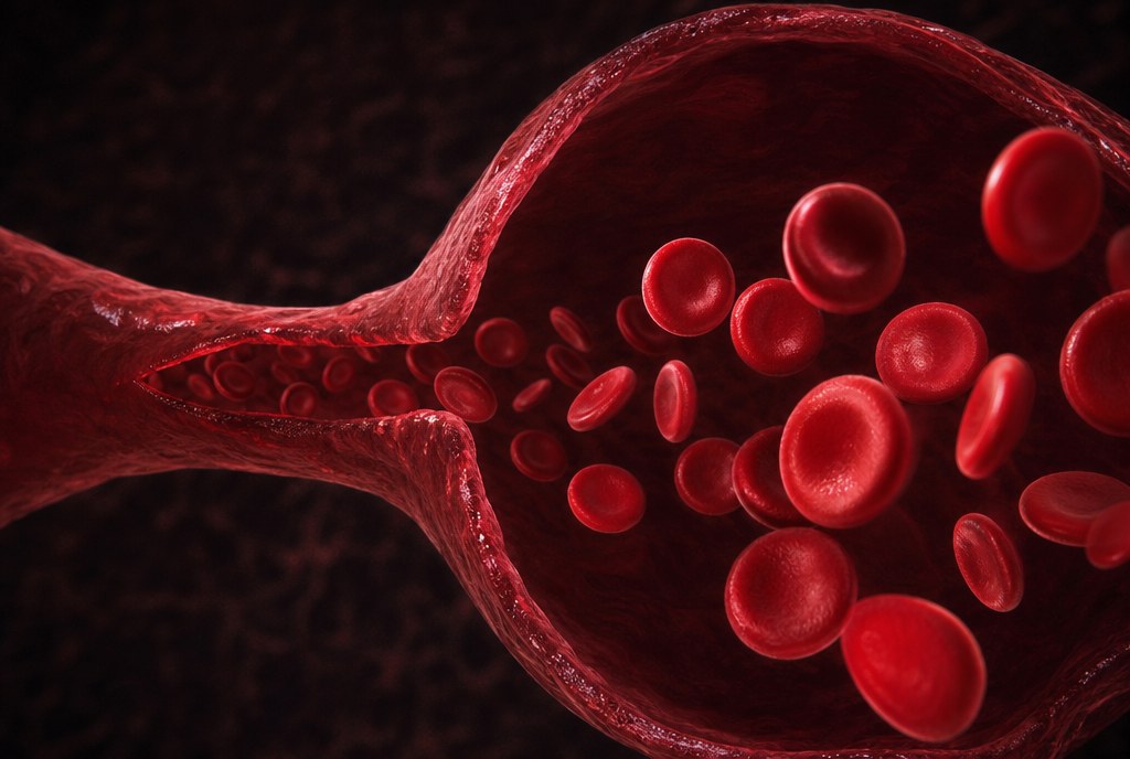 Cross-section of a blood vessel with red blood cells moving through it