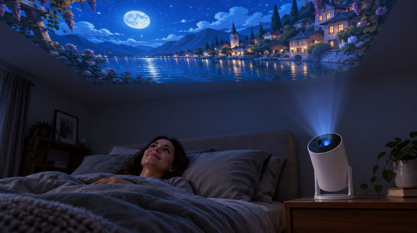 Movie projected on a bedroom ceiling above a bed