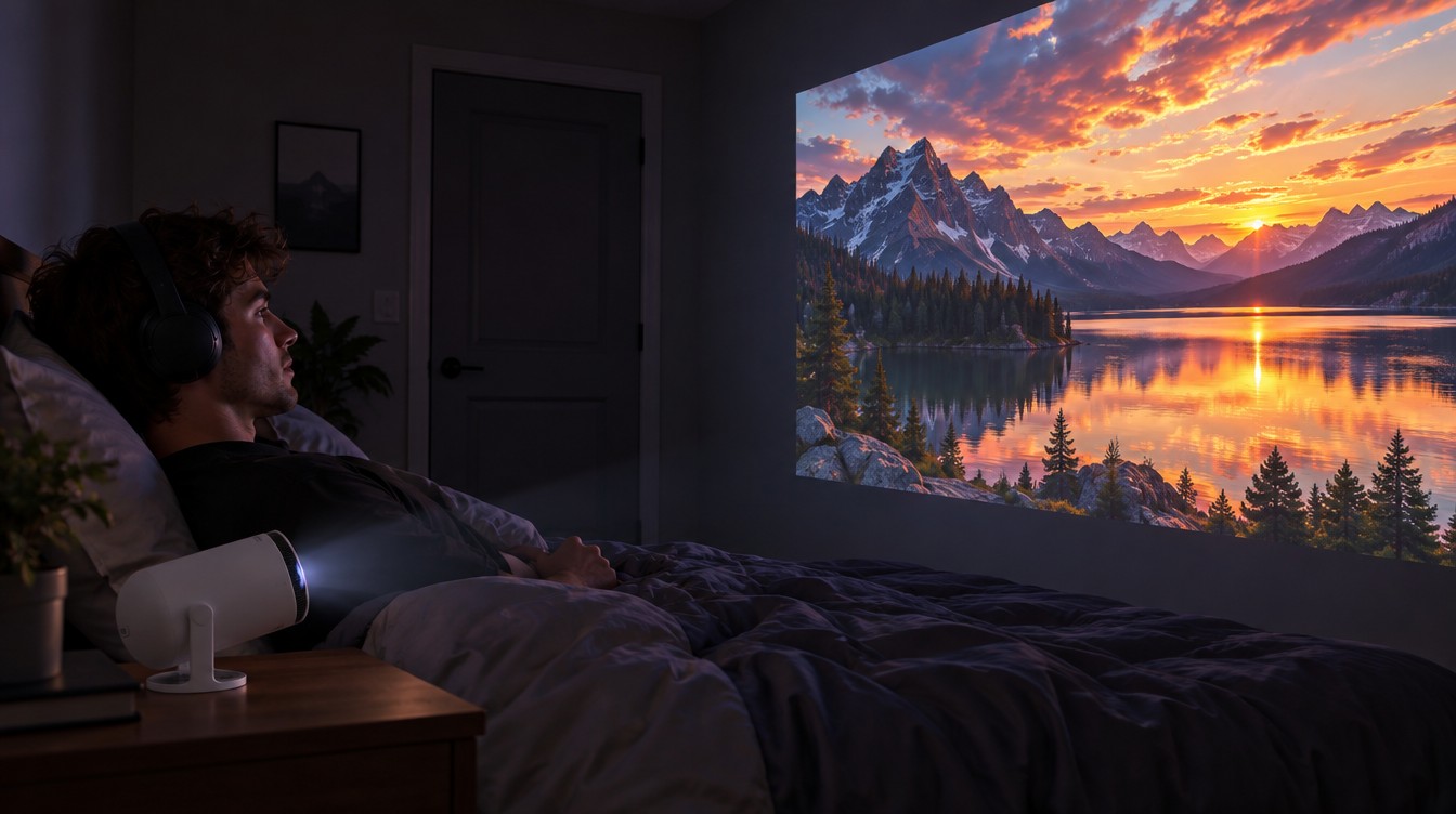 Watching a projected movie in bed at night with headphones