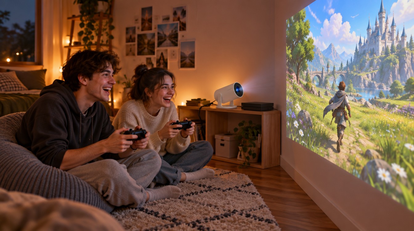 Video game projected on a large bedroom wall