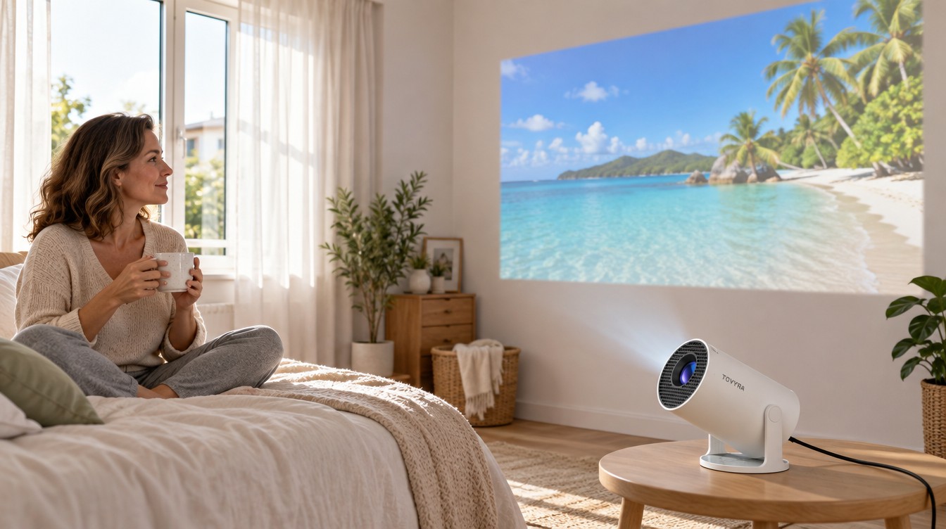 Projected picture on a wall in a daylit room