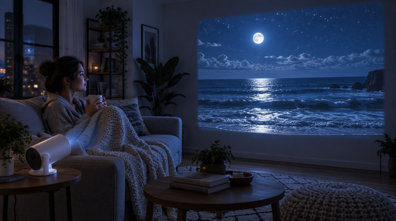 A woman on a sofa at night watching a projected moonlit ocean window on her living room wall