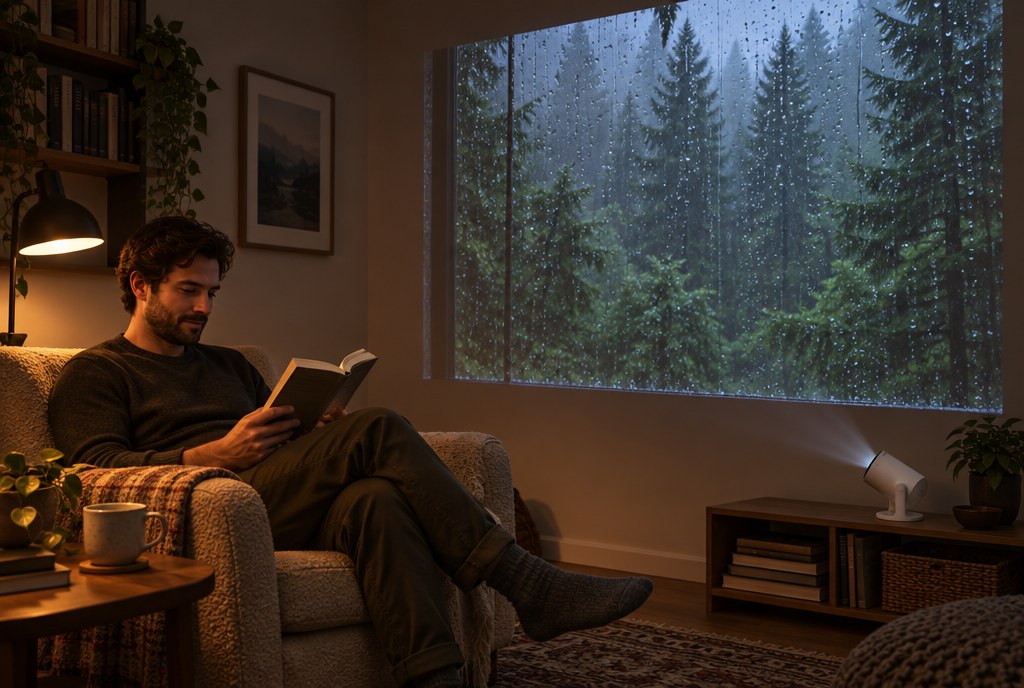 A man reading in an armchair beside a projected rainy forest window on the wall