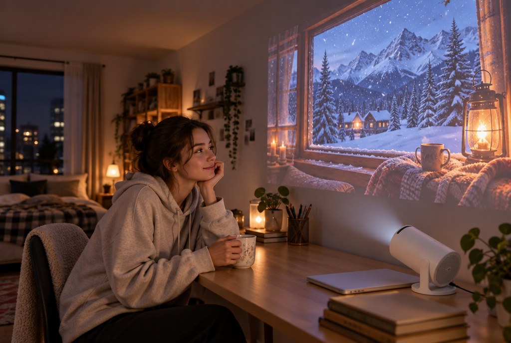 A young woman at a desk with tea, a projected snowy cabin window glowing on the wall above
