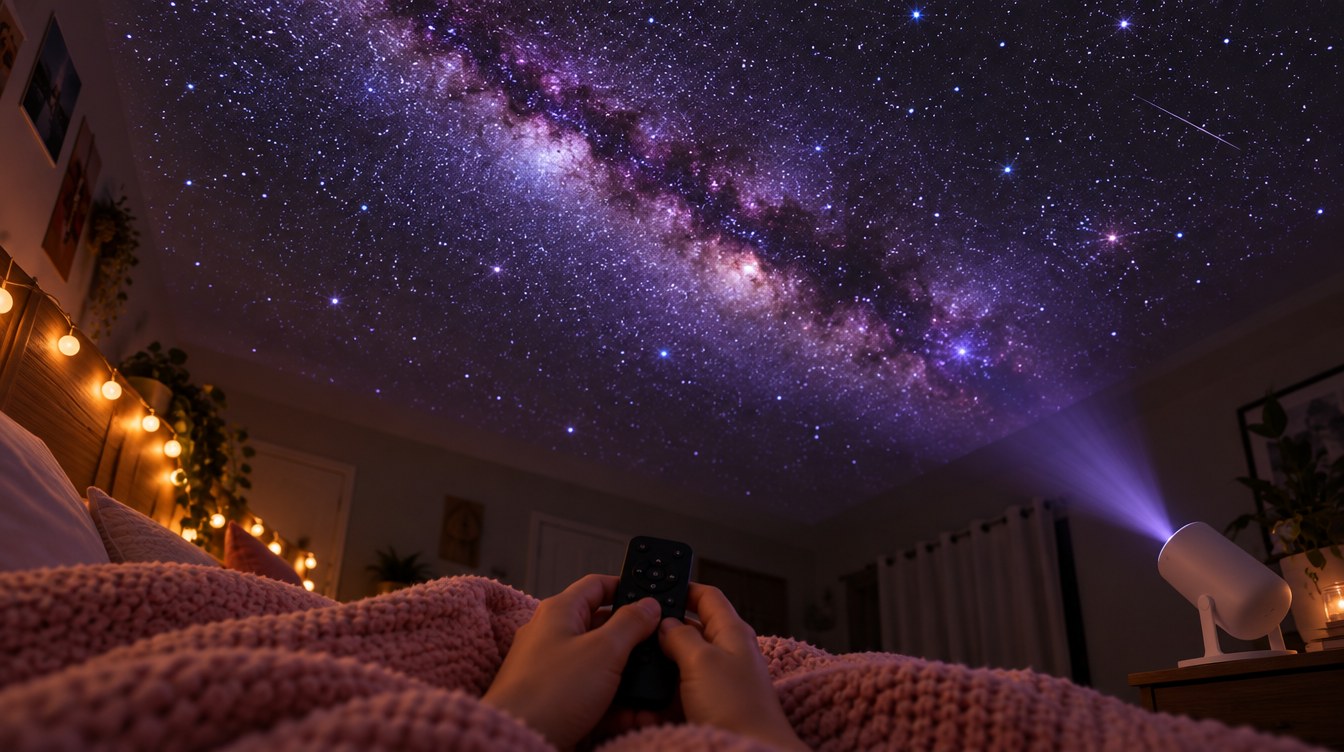 A movie projected on a bedroom ceiling, seen from a pillow under a pink blanket with a remote in hand