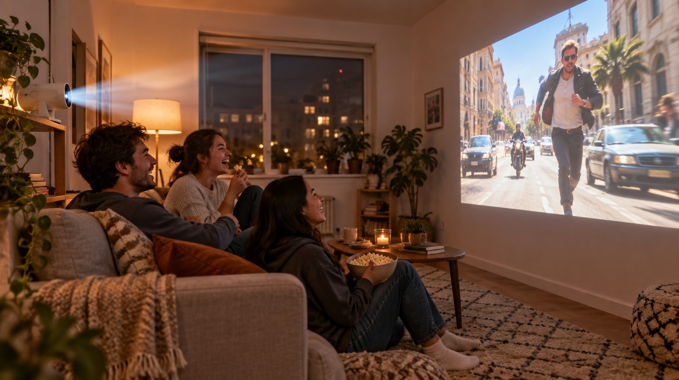 Friends on a sofa watching a huge projected movie on a bare apartment wall with no TV in the room