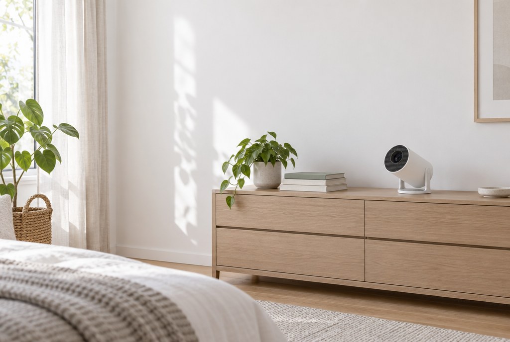 A bare bedroom wall above a dresser with a small white projector switched off on top