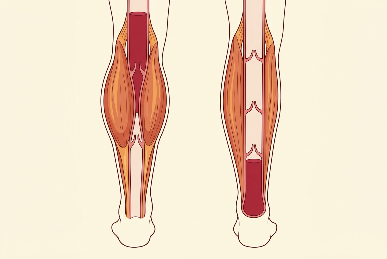 Anatomical illustration of the calf muscle pump, showing the deep veins of the lower leg with one way valves and the calf muscle squeezing them upward