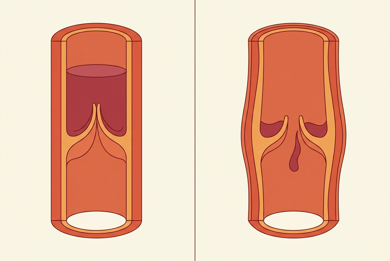 Illustration comparing an elastic vein wall with competent valve leaflets against an older vessel with slackened walls and valve leaflets that no longer meet cleanly