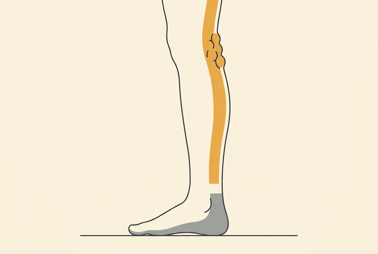 Illustration of a lower leg showing the zone a shoe or mat acts on under the foot against the upward return path along the calf toward the back of the knee