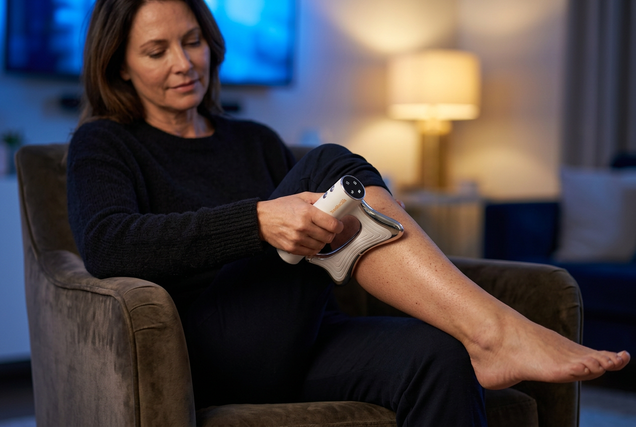 Woman in her fifties sitting sideways in an armchair in the evening working a handheld device slowly up her own bare calf
