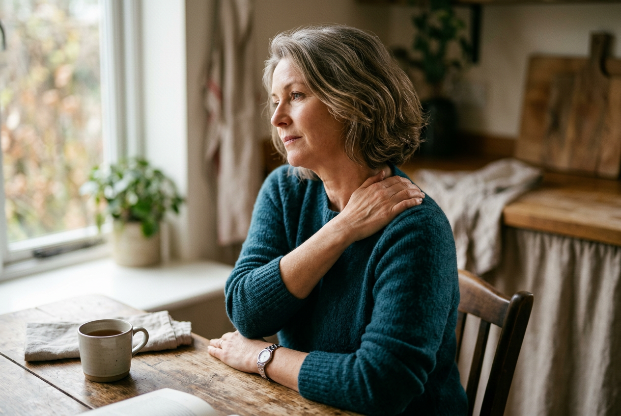 Woman in her fifties sitting at a kitchen table with her shoulders drawn up toward her ears