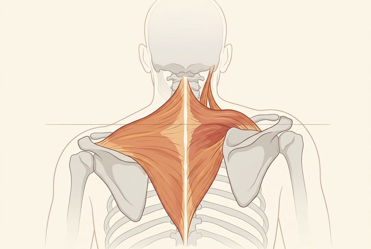 Anatomical illustration of the upper trapezius and levator scapulae running from the base of the skull to the shoulder blade, shown shortened on one side
