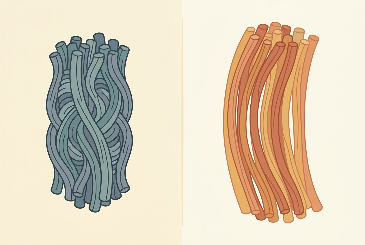 Educational rendering comparing cold guarded muscle fibres with warmed pliable muscle fibres