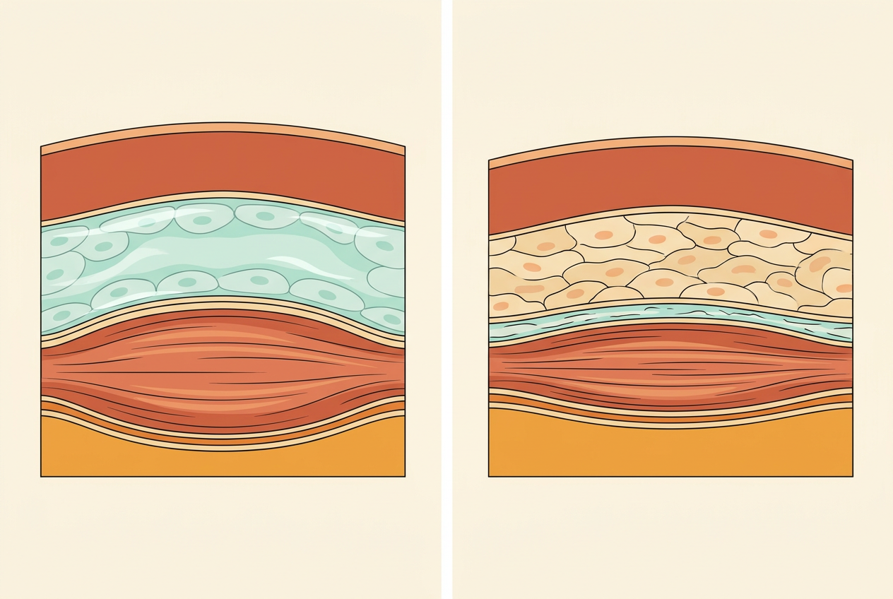 Educational rendering of fascia layers, one well hydrated and gliding, one denser and less pliable