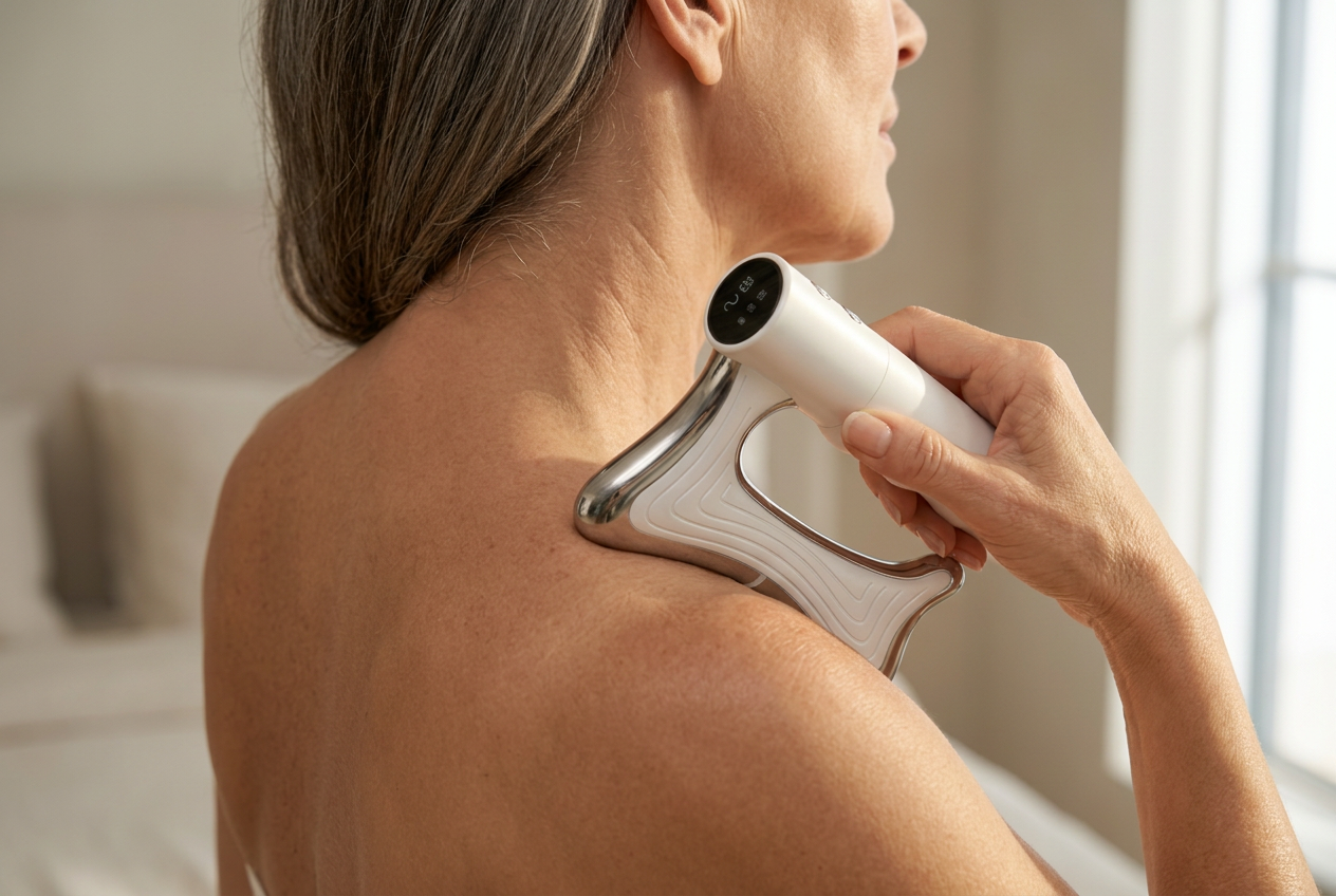 The SculptWave contoured edge following the slope of the trapezius at the top of the shoulder