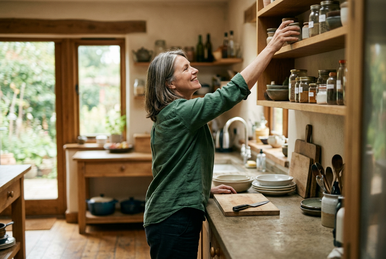 Woman in her fifties reaching easily to a high kitchen shelf with relaxed shoulders